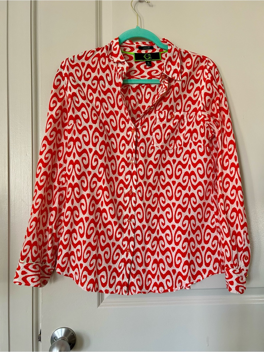C Wonder Orange and White Print Button Down
